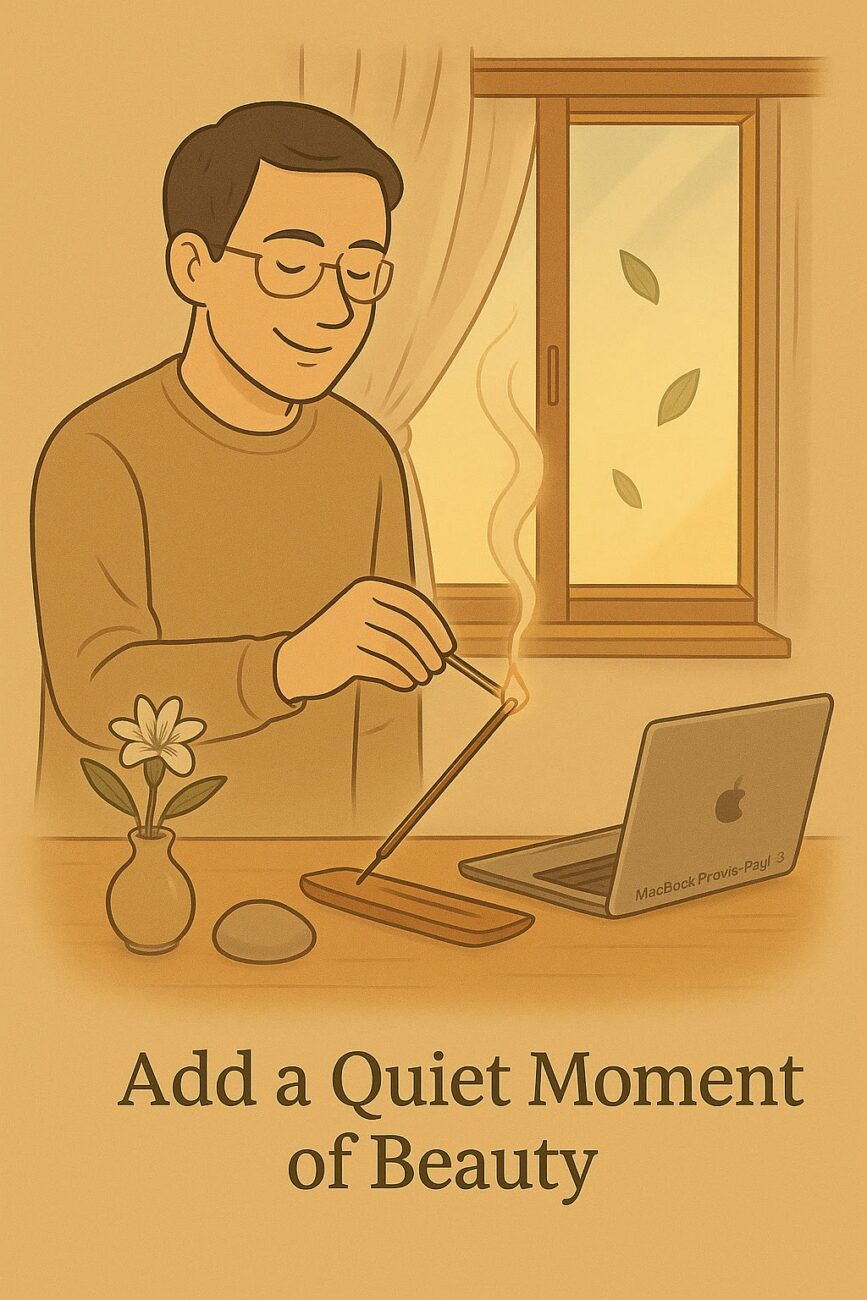 An illustration of a person lighting incense at a desk with a laptop, a vase with a flower, and a window with leaves outside, accompanied by the text "Add a Quiet Moment of Beauty.