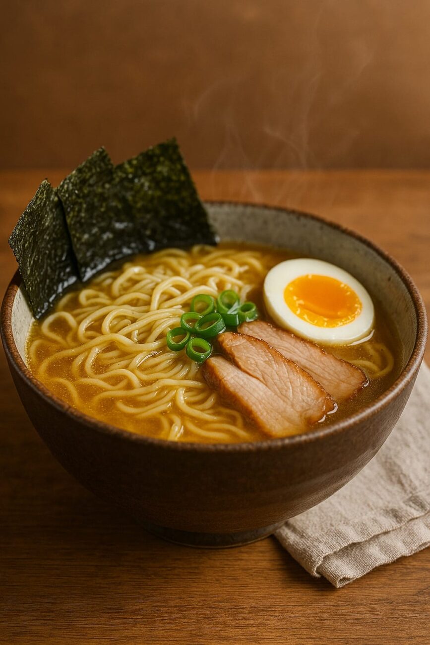 A bowl of ramen with steaming broth, topped with green onions, nori, slices of pork, and a soft-boiled egg, on a wooden table with a cloth napkin.