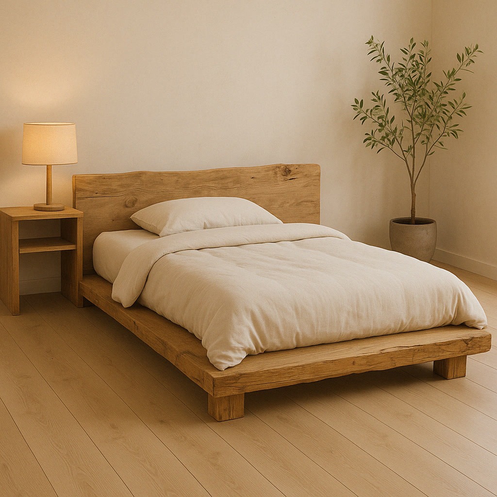 A minimal bedroom with a wooden bed frame, beige bedding, a wooden nightstand with a lamp, and a potted plant in the corner on a light wood floor.