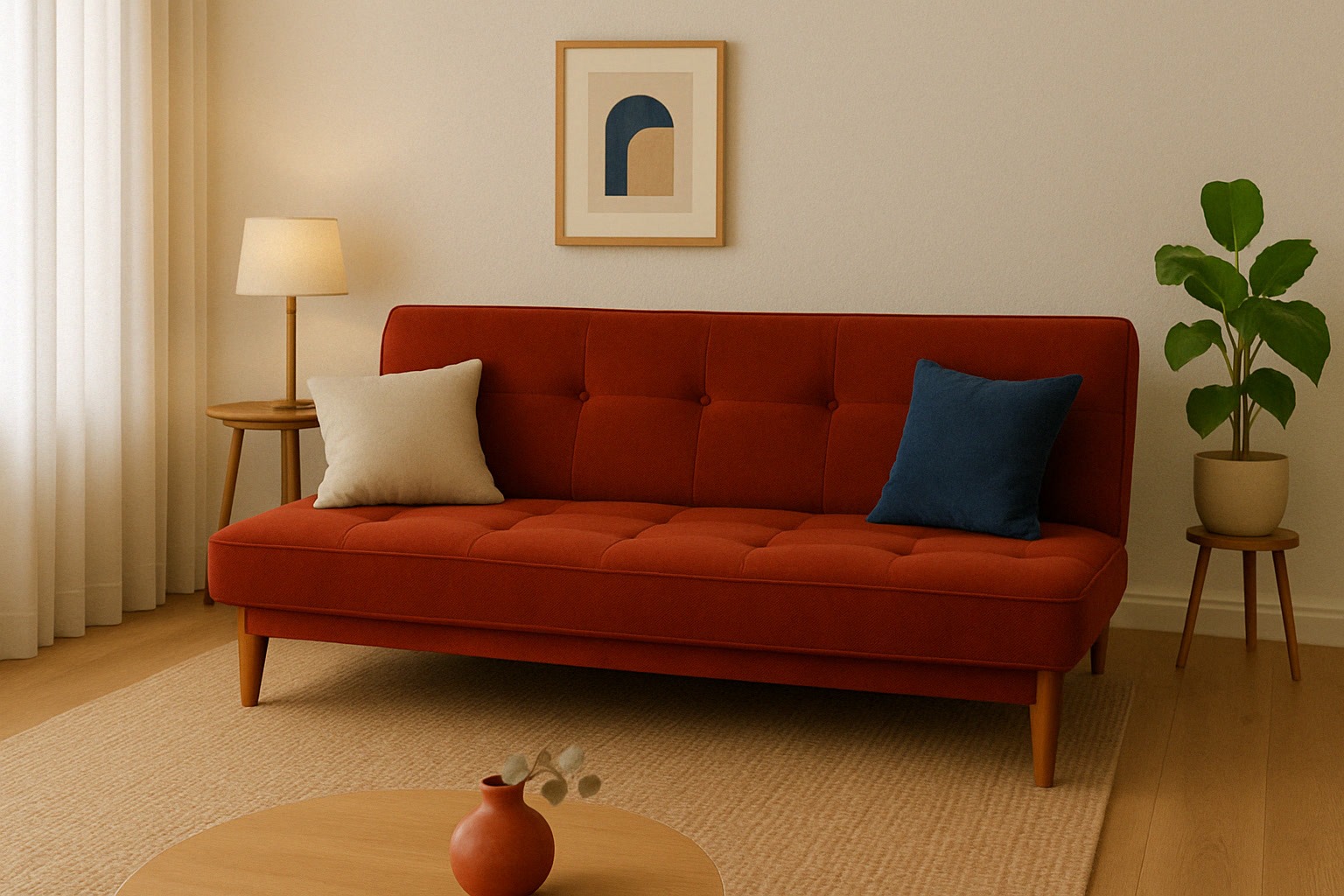 A modern living room with a red sofa, beige and blue pillows, a round wooden table with a vase, a side table with a lamp, a framed abstract print, and a potted plant.