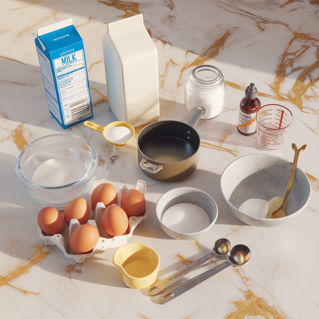 Various baking ingredients and utensils, including eggs, milk, sugar, measuring spoons, a saucepan, and mixing bowls, are arranged on a marble countertop.
