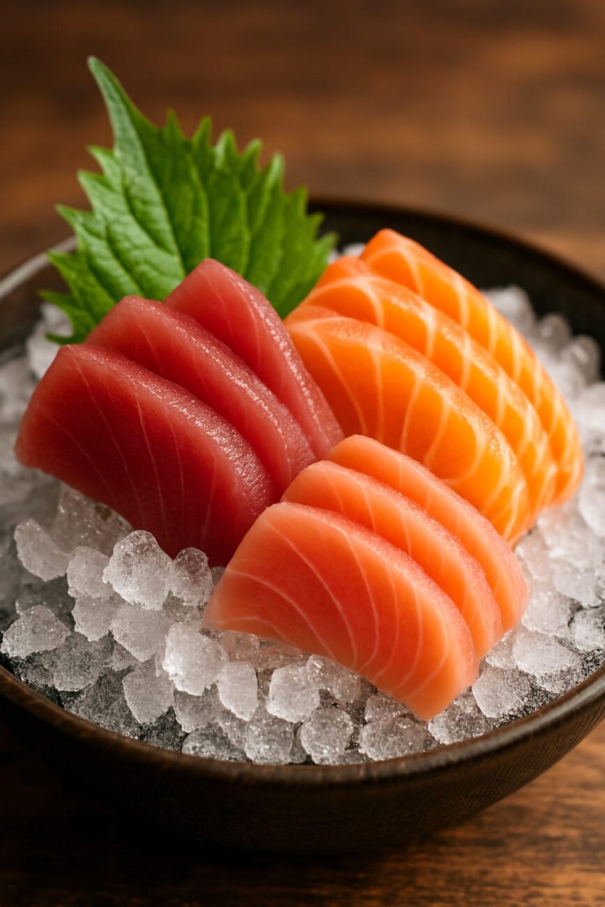Slices of tuna and salmon sashimi on ice, garnished with shiso leaf, in a dark bowl on a wooden surface.