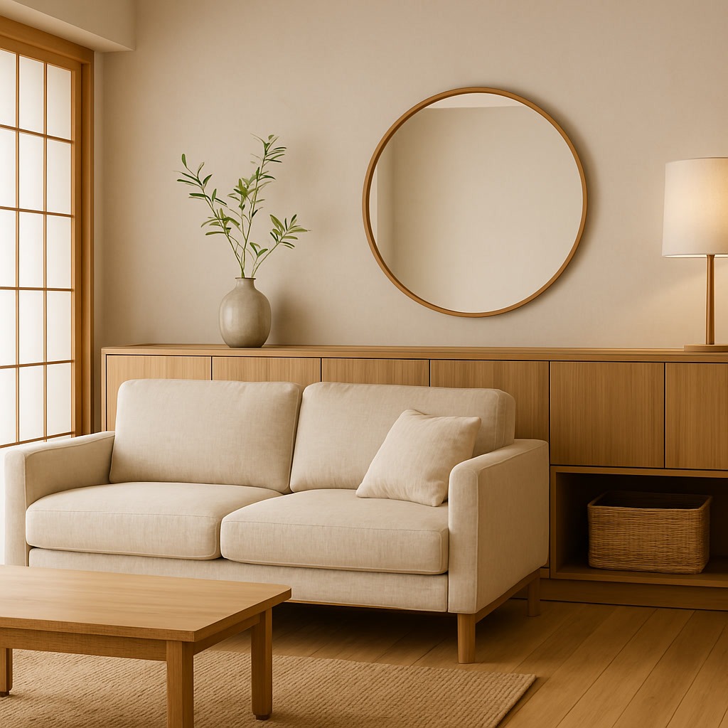 Minimalist living room with a beige sofa, wooden coffee table, and sideboard. A round mirror and lamp sit on the sideboard, with a vase holding green branches. Natural light from a window on the left.