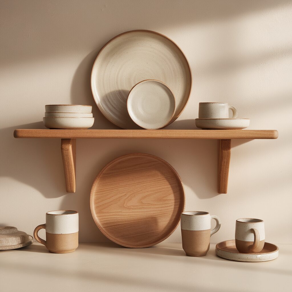 Wooden shelf with ceramic plates, bowls, and mugs in neutral tones, arranged neatly against a beige wall in natural sunlight.