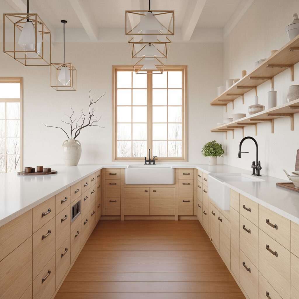 Modern kitchen with light wood cabinets, white countertops, farmhouse sinks, open shelves with dishes, large windows, pendant lights, and a potted plant on the counter.