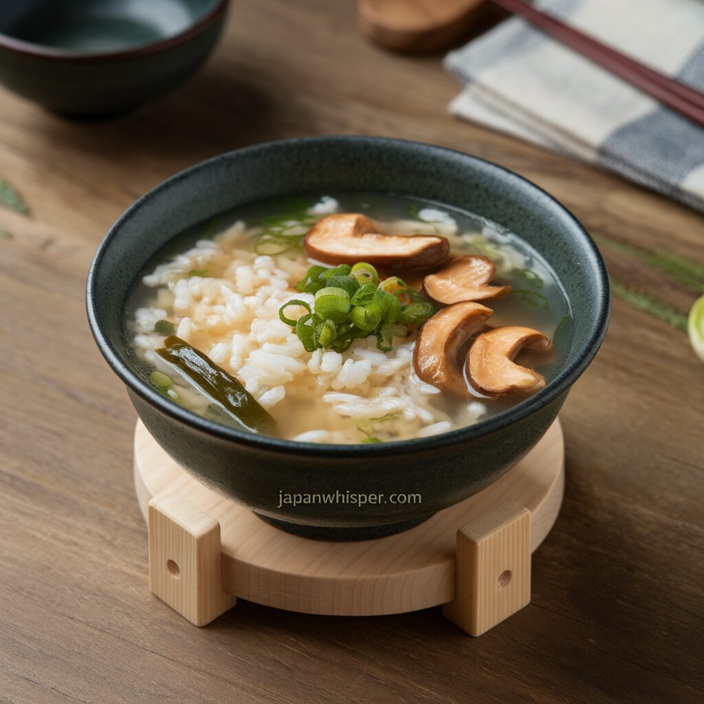 A bowl of rice soup with sliced mushrooms, seaweed, and chopped green onions on top, placed on a wooden trivet on a table.