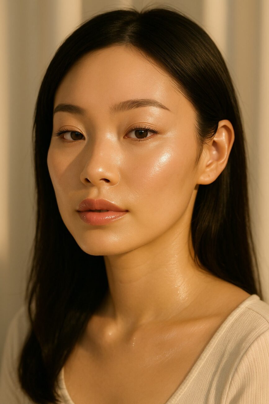 A woman with long, straight black hair and glowing, dewy skin looks directly at the camera, wearing a light-colored top and natural makeup, in soft lighting.