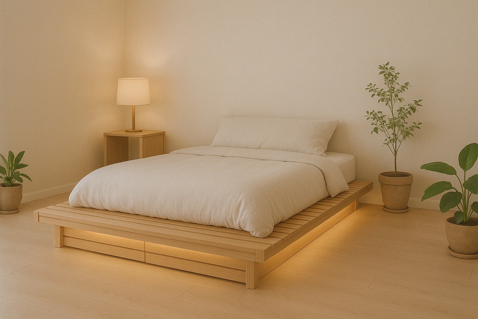Minimalist bedroom with a low wooden bed frame, white bedding, a bedside table with a lamp, and potted plants on a light wood floor.