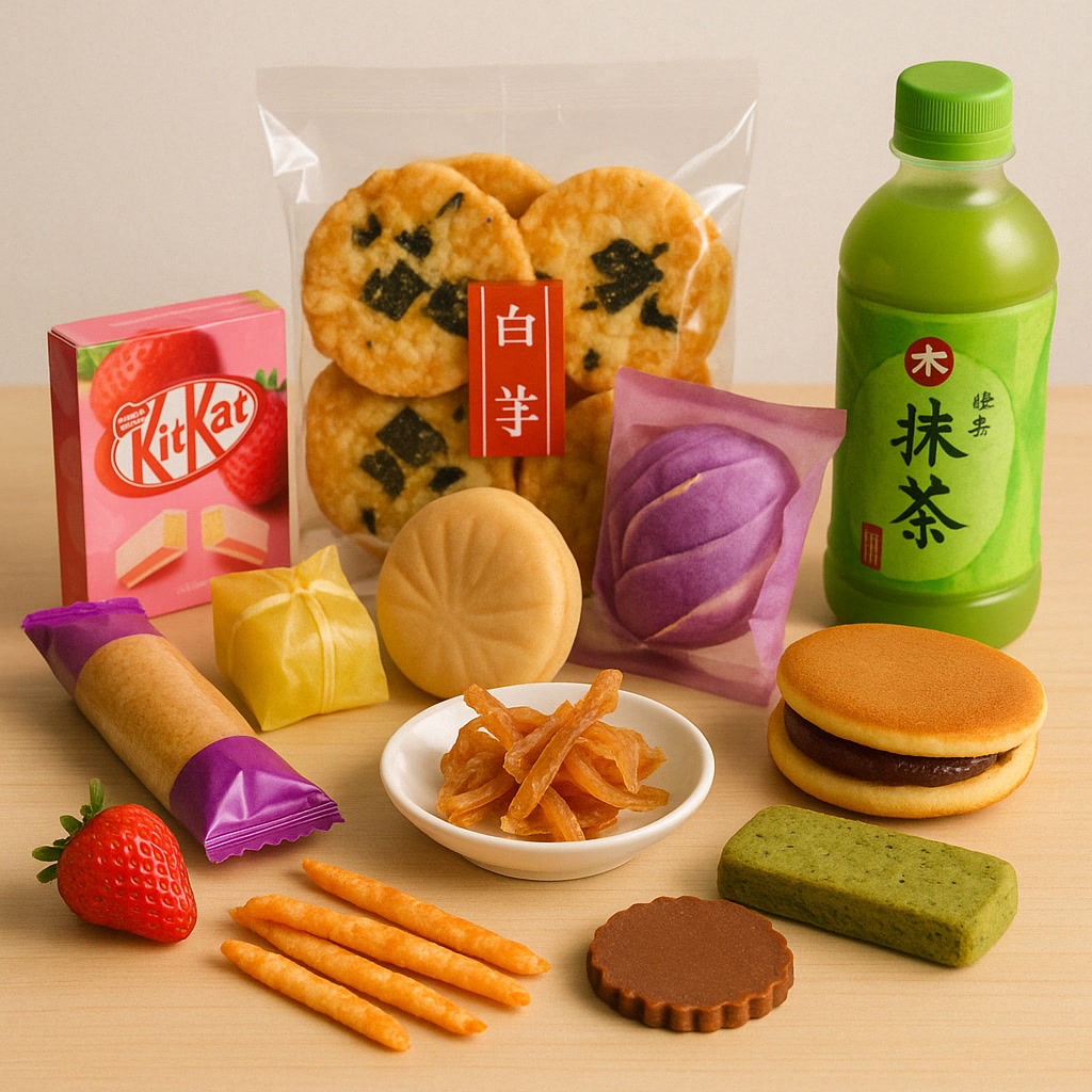 A variety of Japanese snacks are arranged on a table, including rice crackers, sweets, cookies, Pocky sticks, a strawberry, and a bottle of green tea.
