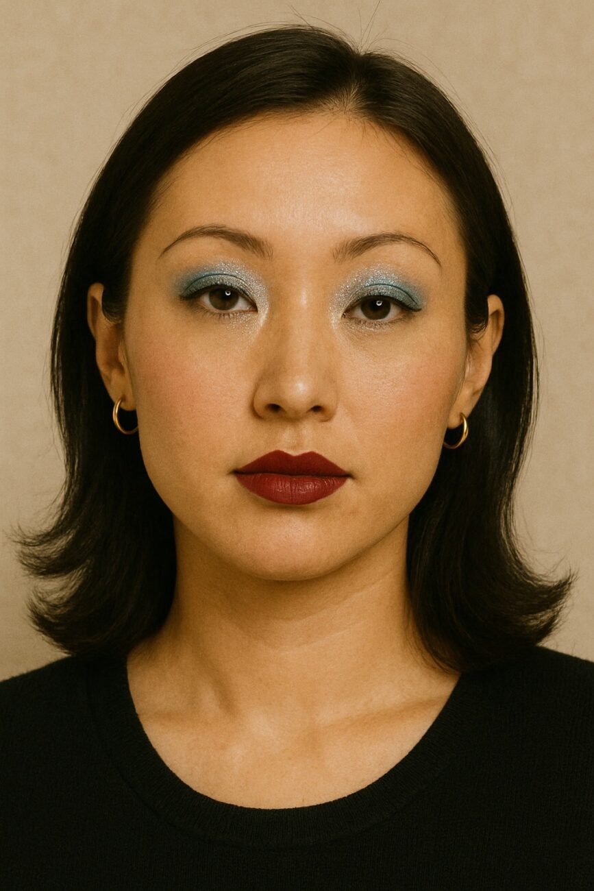 A woman with shoulder-length dark hair, wearing gold hoop earrings, blue eyeshadow, and dark red lipstick, looks directly at the camera against a beige background.