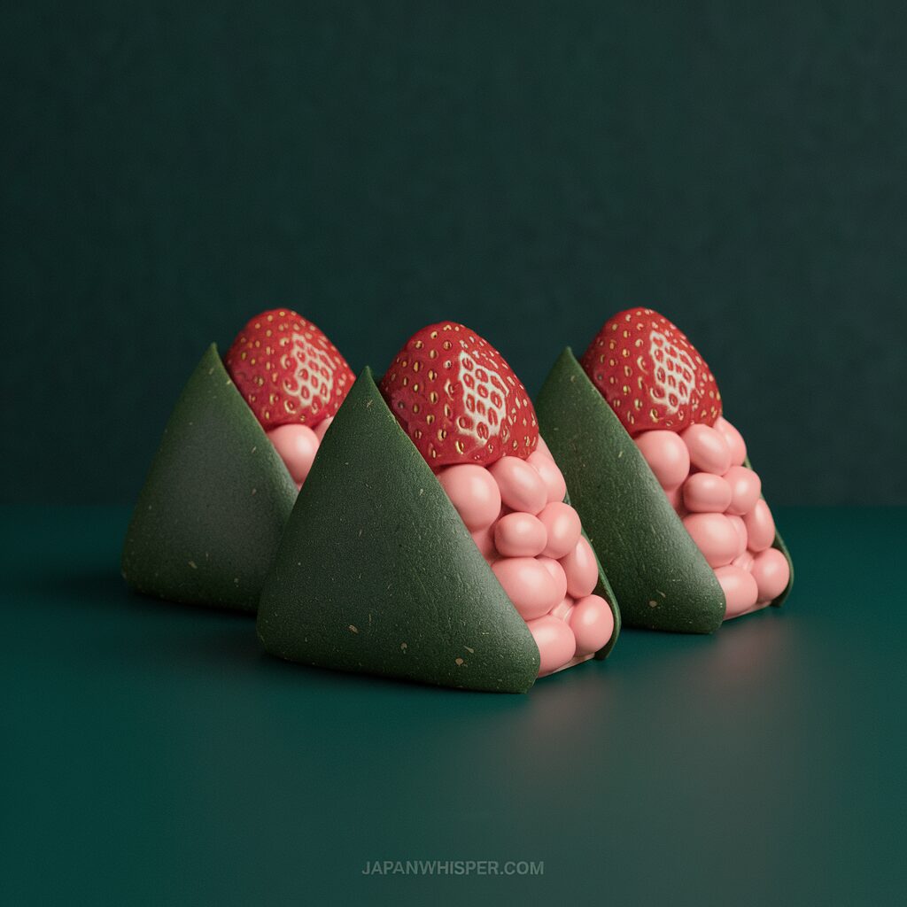 Three pieces of Japanese-style confections with green triangular wrappers, pink bean paste filling, and a strawberry on top are arranged on a green surface.