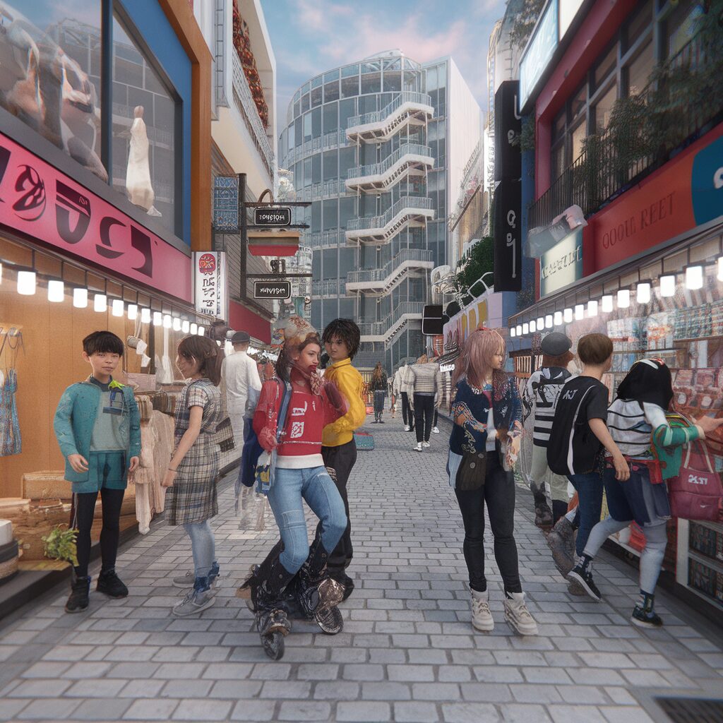 A busy shopping street with people browsing stores on both sides, mannequins in shop windows, and a glass building with spiral stairs in the background.