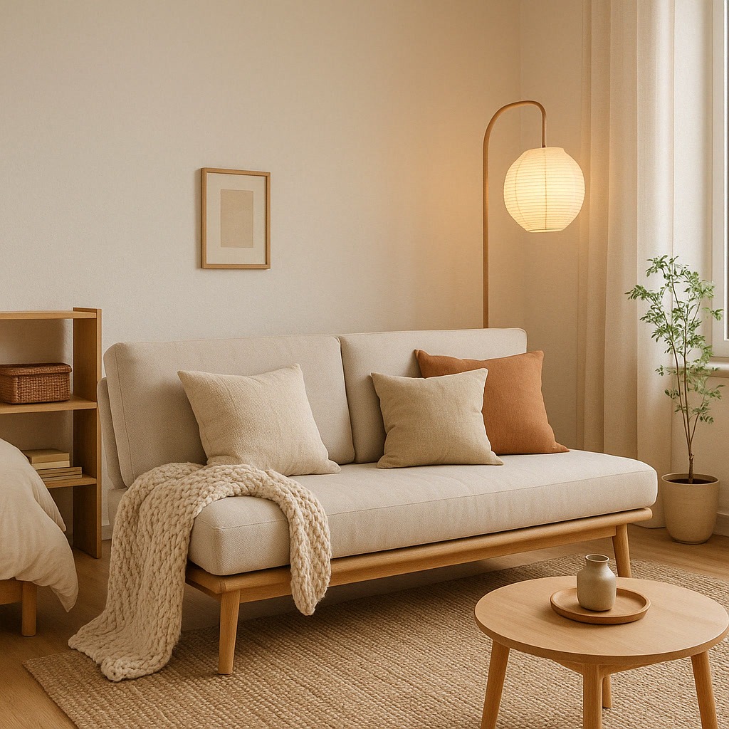Minimalist living room with a beige sofa, neutral throw pillows, a knit blanket, a round wooden coffee table, a floor lamp, and a potted plant, all in warm, earthy tones.