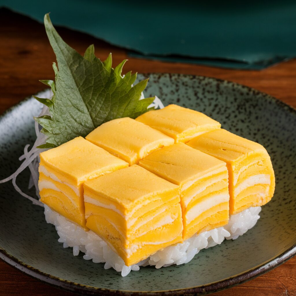 Rectangular pieces of tamago (Japanese sweet omelette) are arranged over a mound of sushi rice, garnished with a green shiso leaf on a speckled ceramic plate.