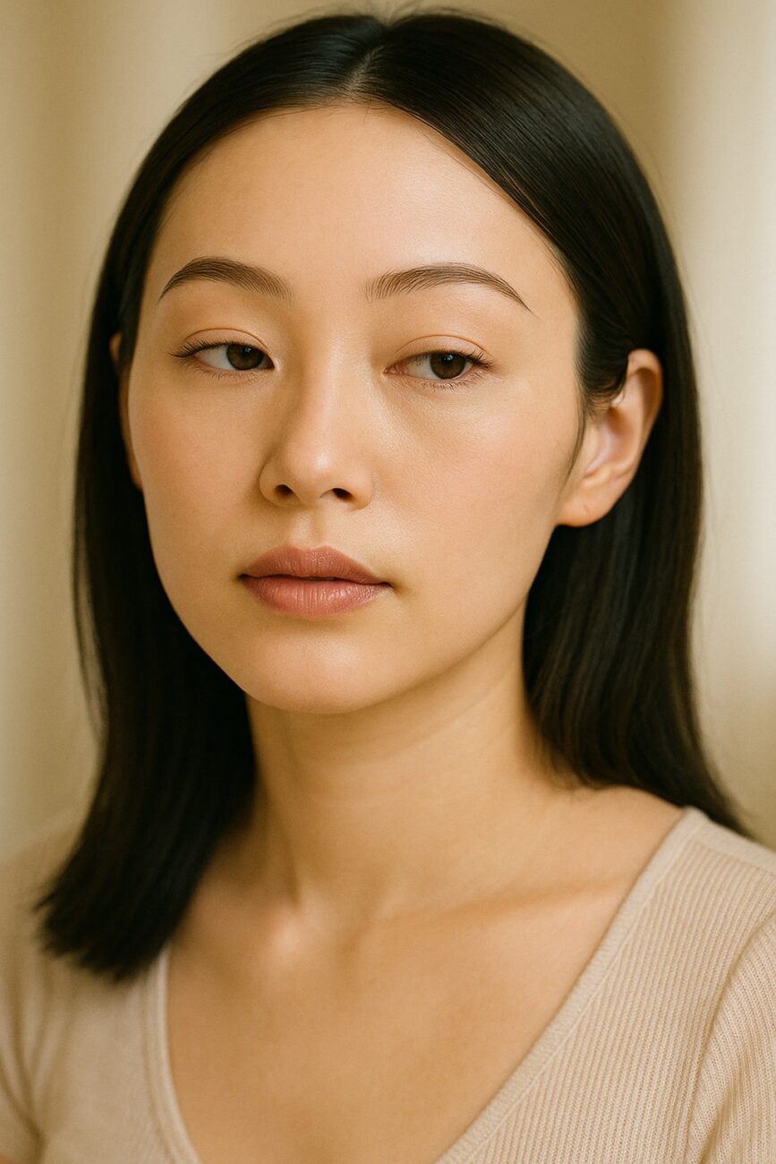 A woman with straight dark hair and a neutral expression looks slightly to the side against a soft beige background. She wears a light-colored top.