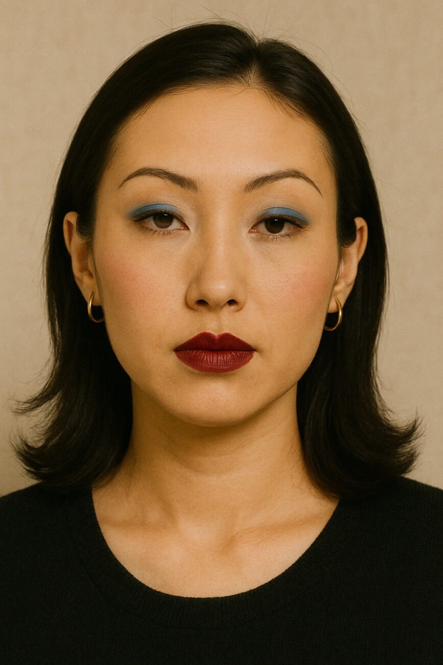 Woman with straight dark hair, wearing gold hoop earrings, dark red lipstick, blue eyeshadow, and a black top, facing forward against a beige background.