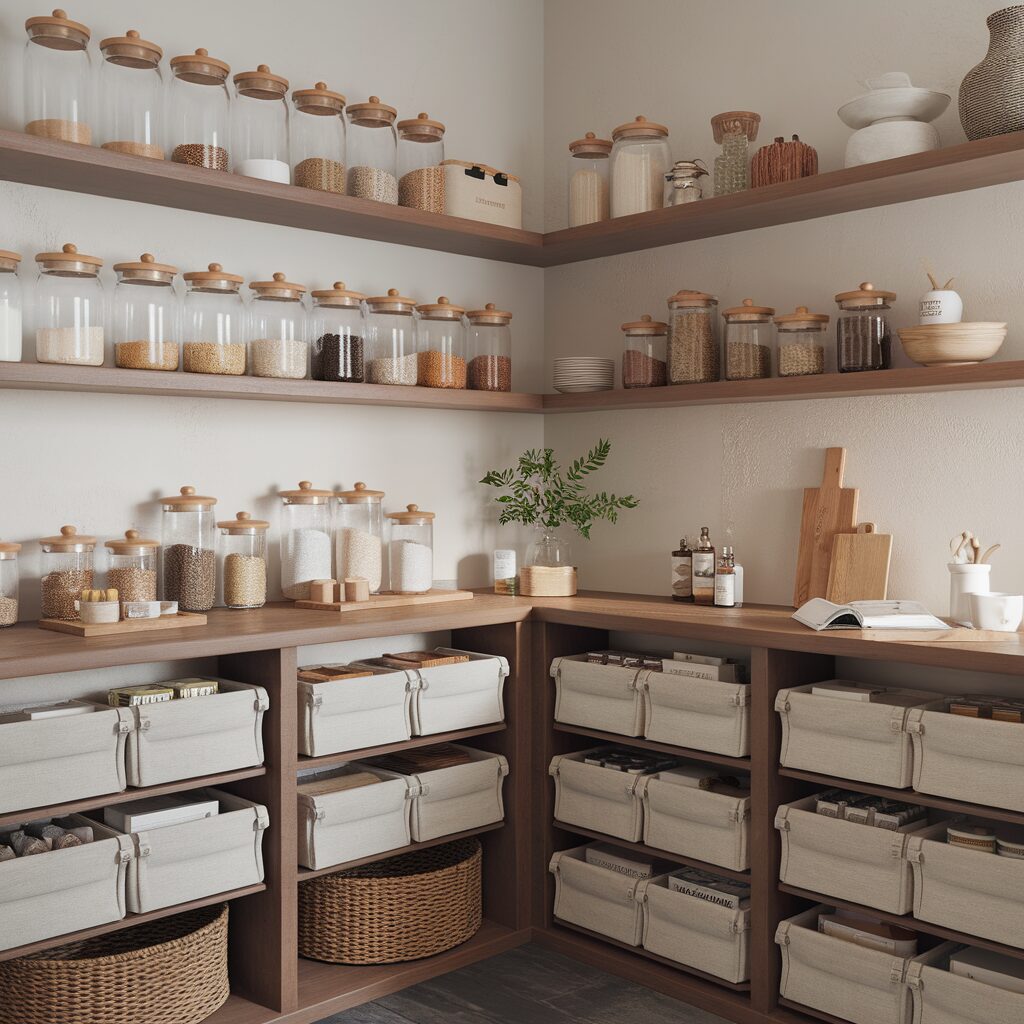 A neatly organized pantry with glass jars of dry goods on wooden shelves and labeled fabric bins in lower cabinets, creating a tidy, minimalist look.