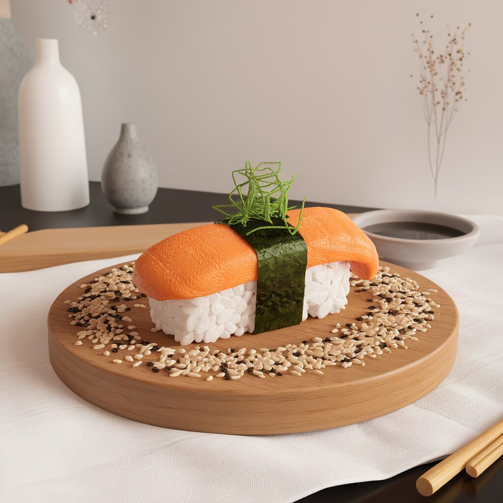 A piece of sushi with orange fish and green garnish sits on a round wooden plate surrounded by sesame seeds, with chopsticks and vases in the background.