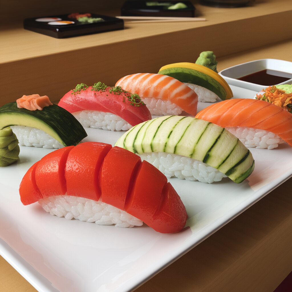 A plate of assorted nigiri sushi with various toppings, including fish and vegetables, served with wasabi and soy sauce on the side.