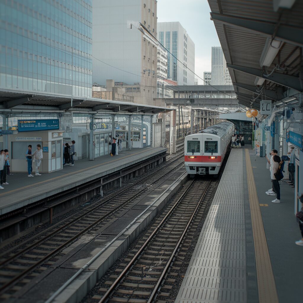 A train arrives at an urban outdoor station platform, with several people waiting and tall buildings visible in the background.
