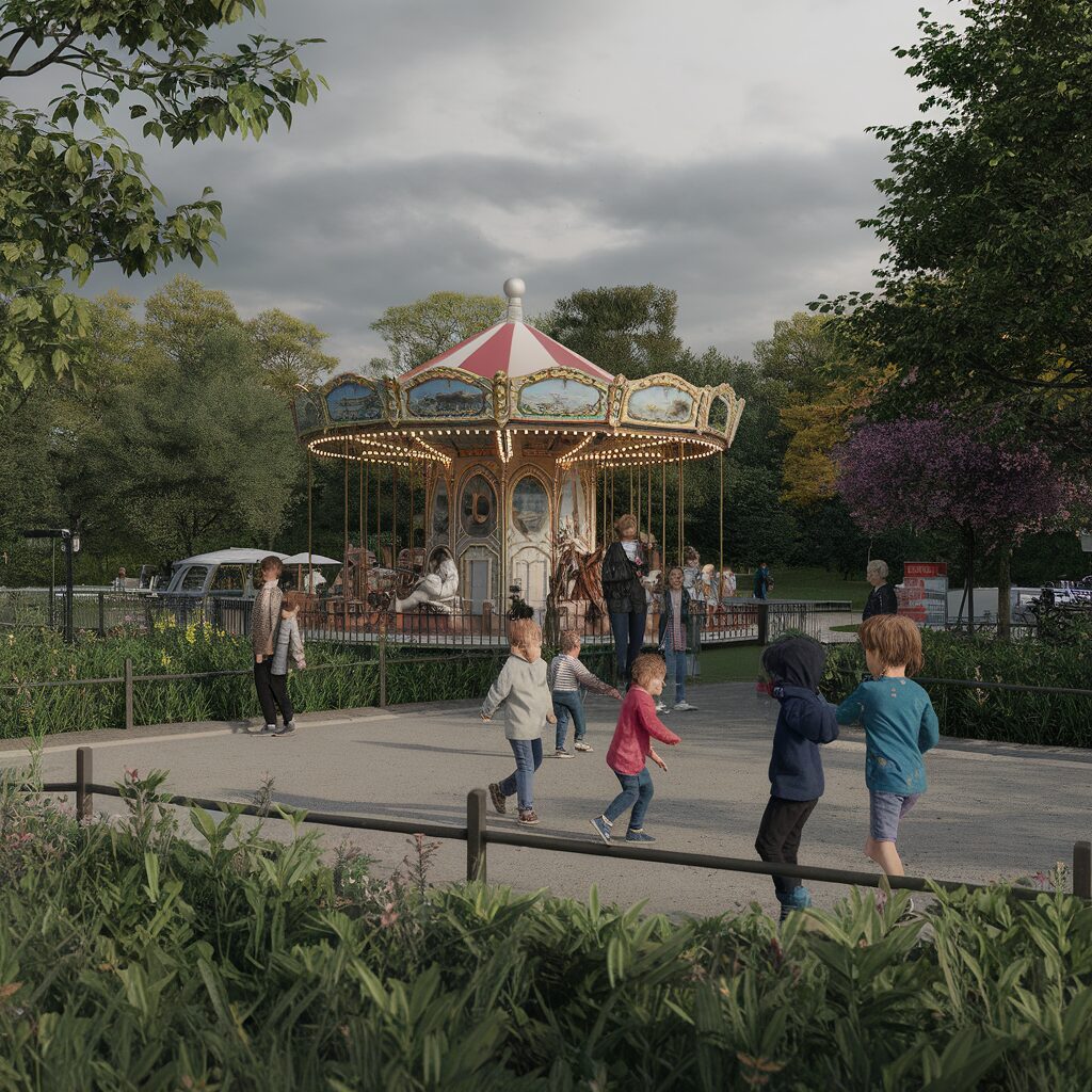 Children play near a vintage carousel in a park, surrounded by greenery and trees, with adults standing nearby under cloudy skies.