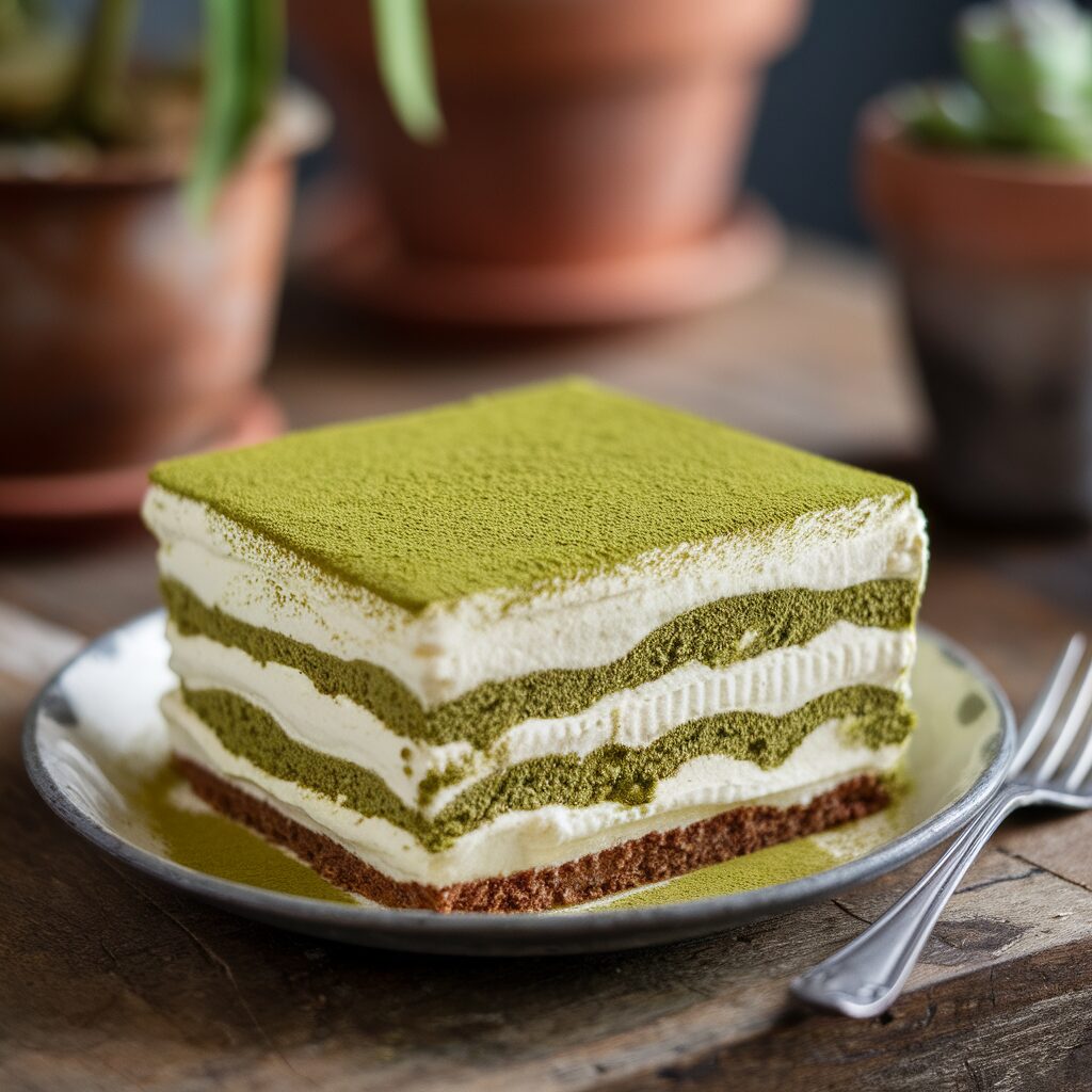 A slice of layered matcha green tea cake with cream filling on a plate, with a fork beside it and potted plants in the background.