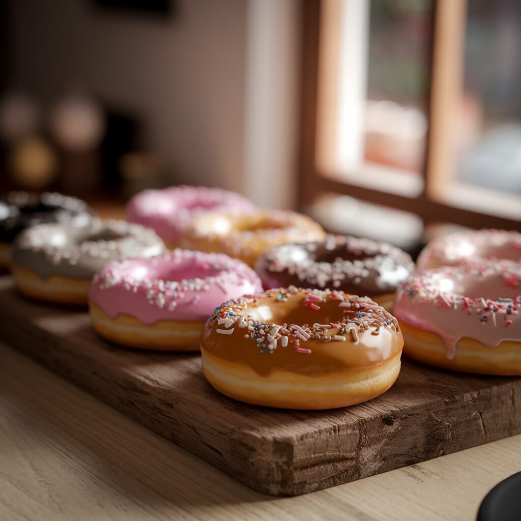 A variety of glazed and sprinkled donuts are arranged on a wooden board near a window in natural light.