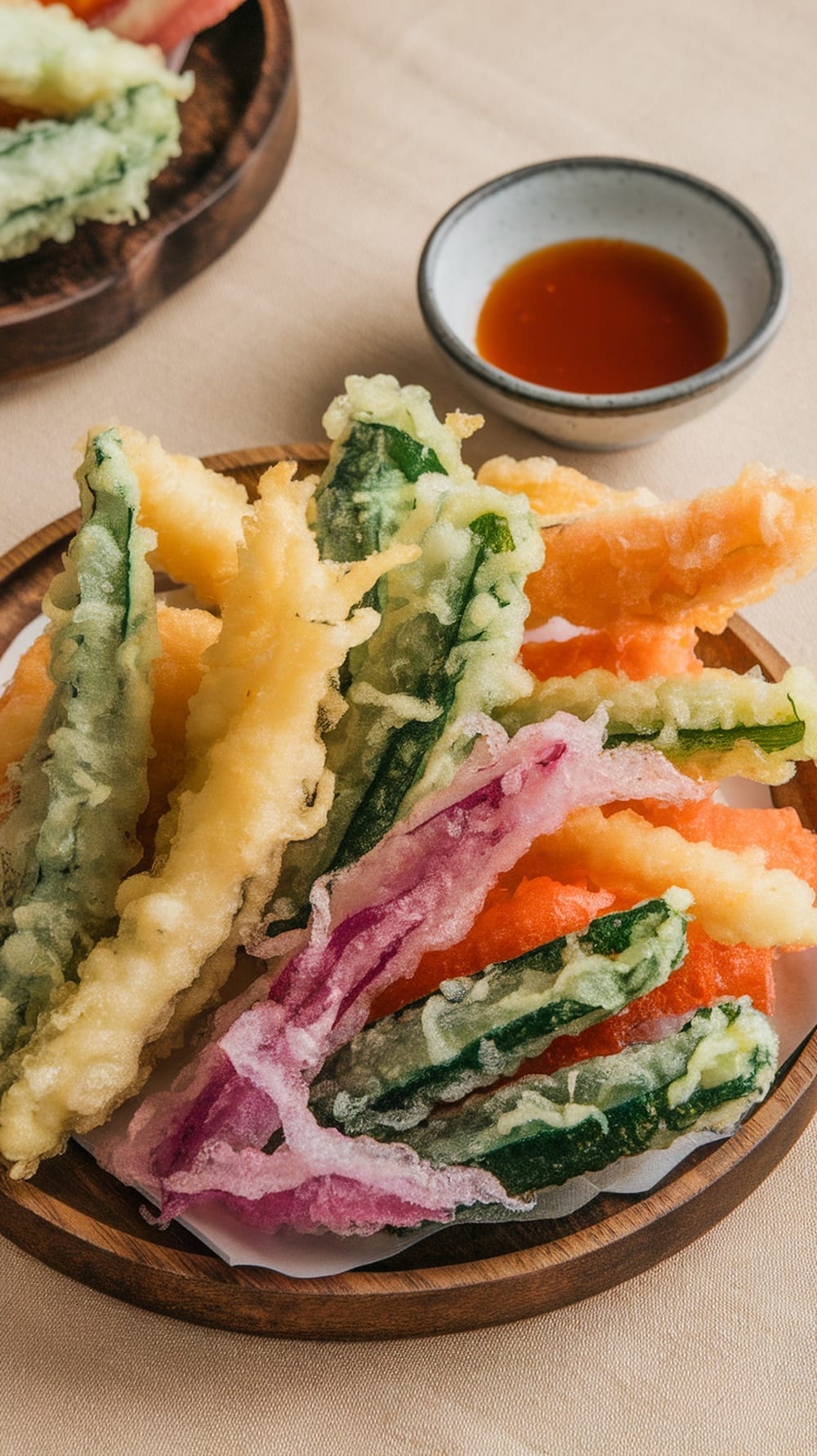 A plate of assorted vegetable tempura with green, orange, and purple pieces is served next to a small bowl of dipping sauce.