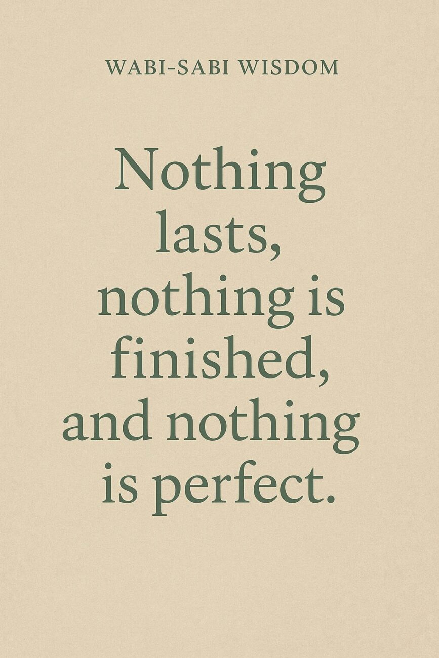 A beige poster with the heading "Wabi-Sabi Wisdom" and the quote: "Nothing lasts, nothing is finished, and nothing is perfect.