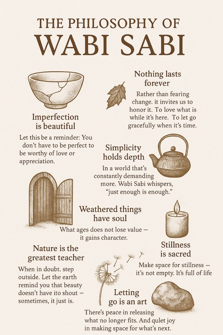 The image explains Wabi Sabi philosophy with phrases about imperfection, simplicity, and nature, accompanied by illustrations like a bowl, door, candle, and leaf.