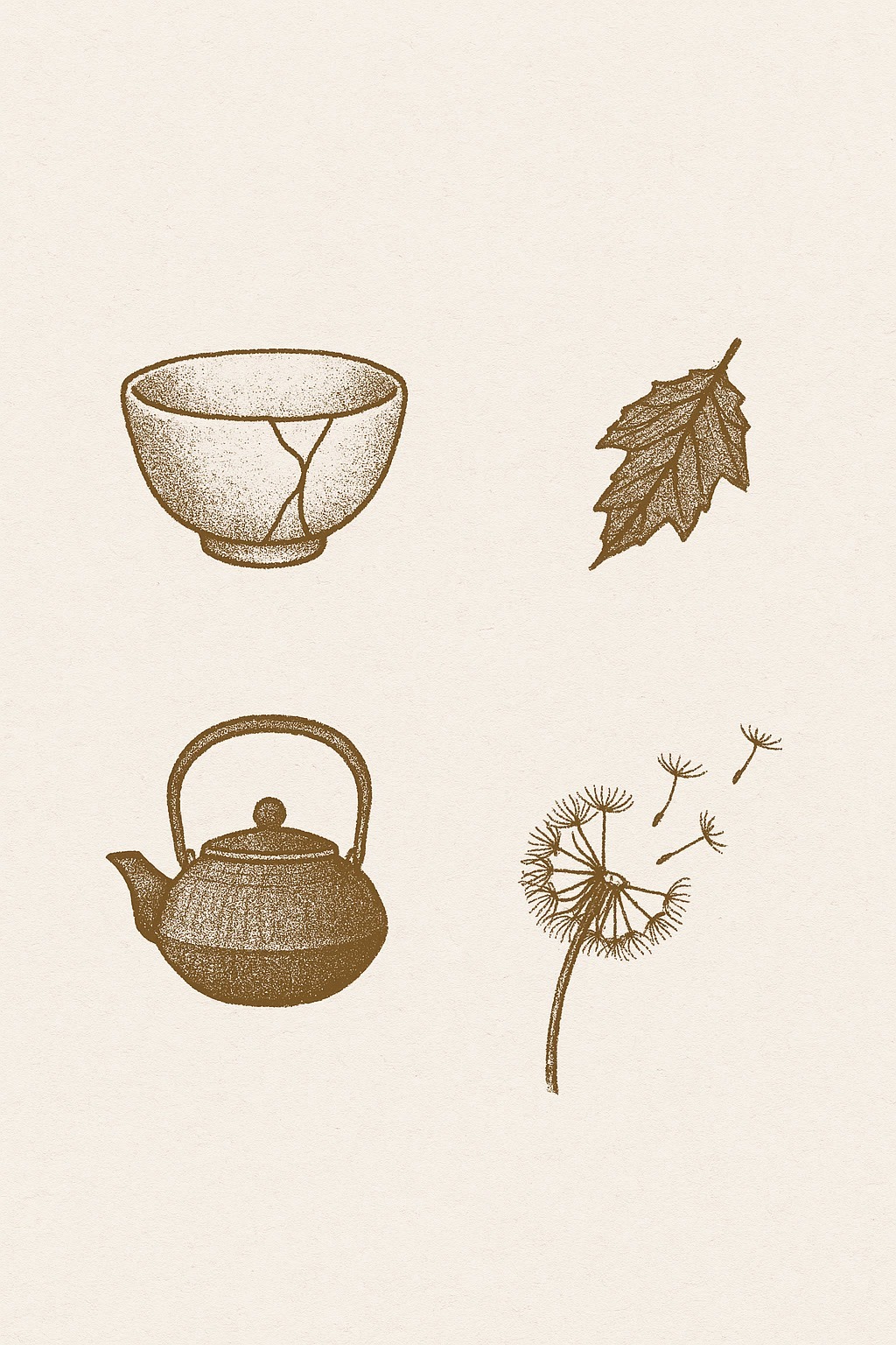 Illustration of a bowl with a crack, a teapot, a maple leaf, and a dandelion with seeds blowing away, arranged in a grid on a beige background.