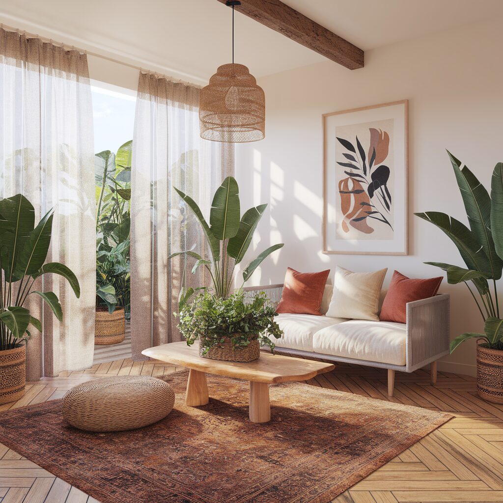 A bright living room with large windows, indoor plants, a white sofa with orange pillows, a wooden coffee table, and a patterned rug.