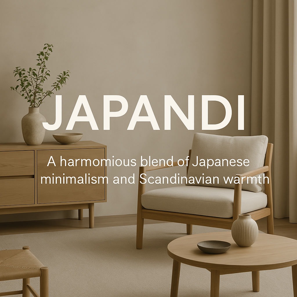 Minimalist living room with light wood furniture, a vase on a sideboard, and the text: "JAPANDI. A harmonious blend of Japanese minimalism and Scandinavian warmth.