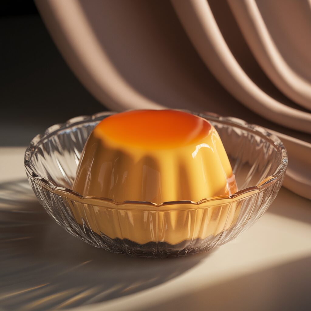 A caramel flan dessert sits in a clear glass bowl on a light surface with draped fabric in the background.
