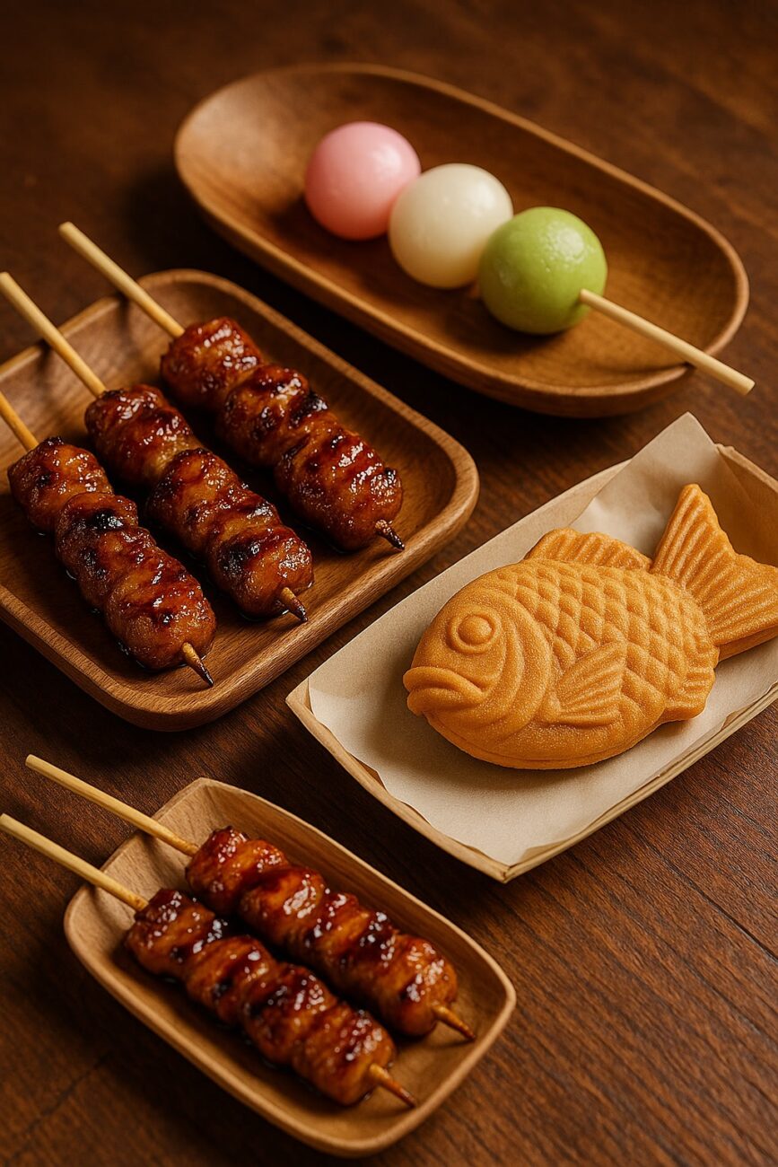 Assorted Japanese snacks: grilled skewered meat, Taiyaki fish-shaped pastry, and three colored dango on wooden plates on a table.