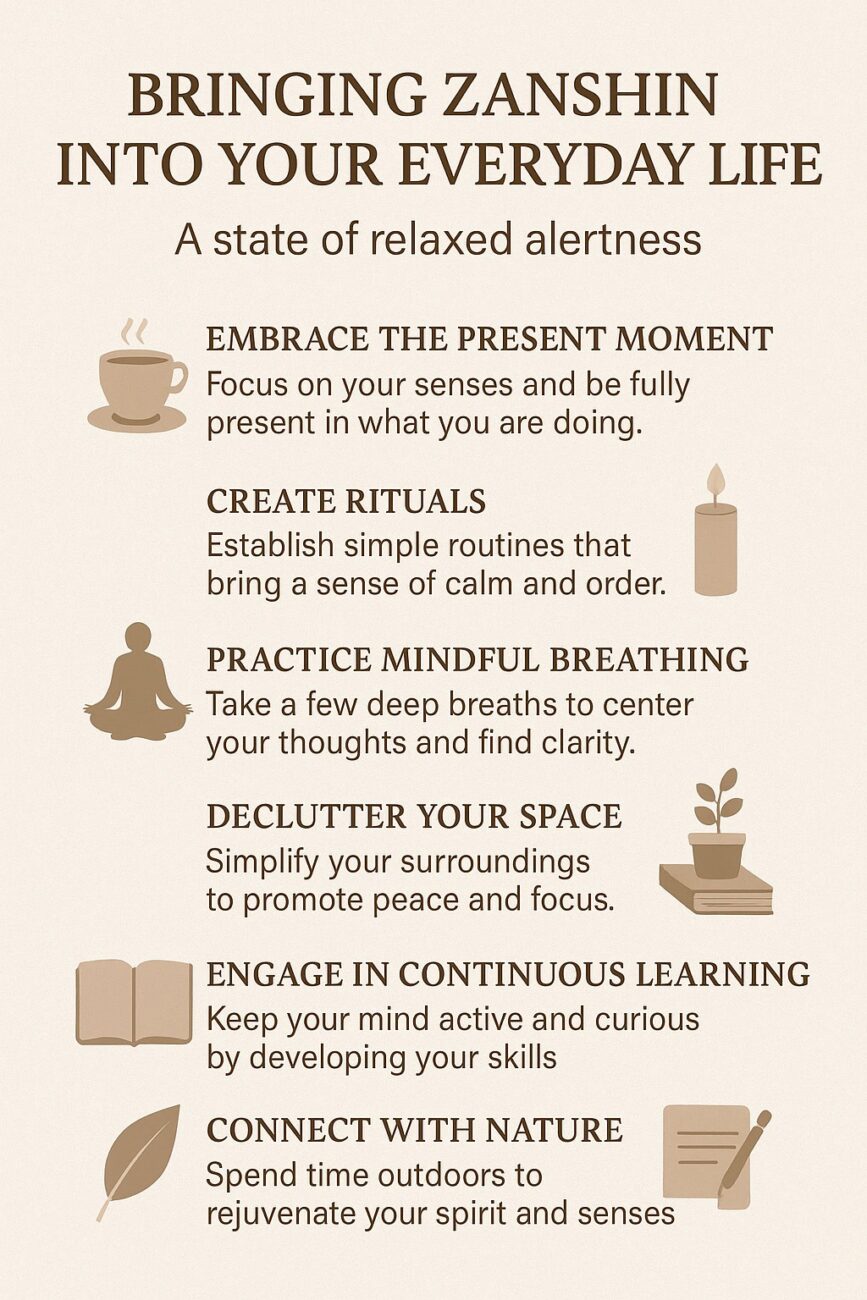 A list titled "Bringing Zanshin Into Your Everyday Life" with six steps and icons for mindfulness, rituals, breathing, decluttering, learning, and connecting with nature.