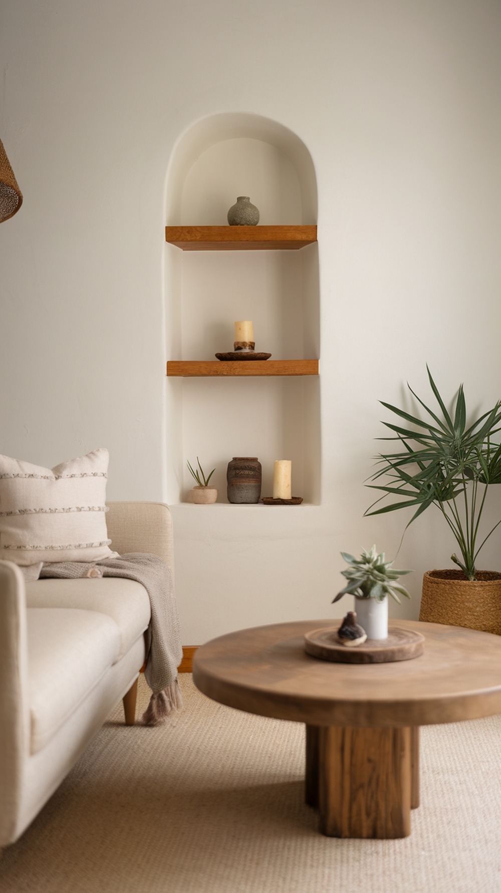 A cozy living room features a beige sofa, round wooden coffee table with succulents, wall shelves with candles and pottery, and a potted plant.