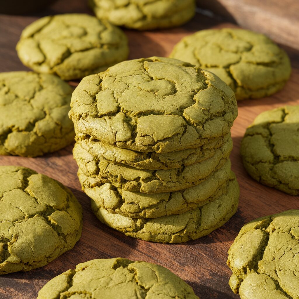 A stack of green cookies and several single green cookies are arranged on a wooden surface.