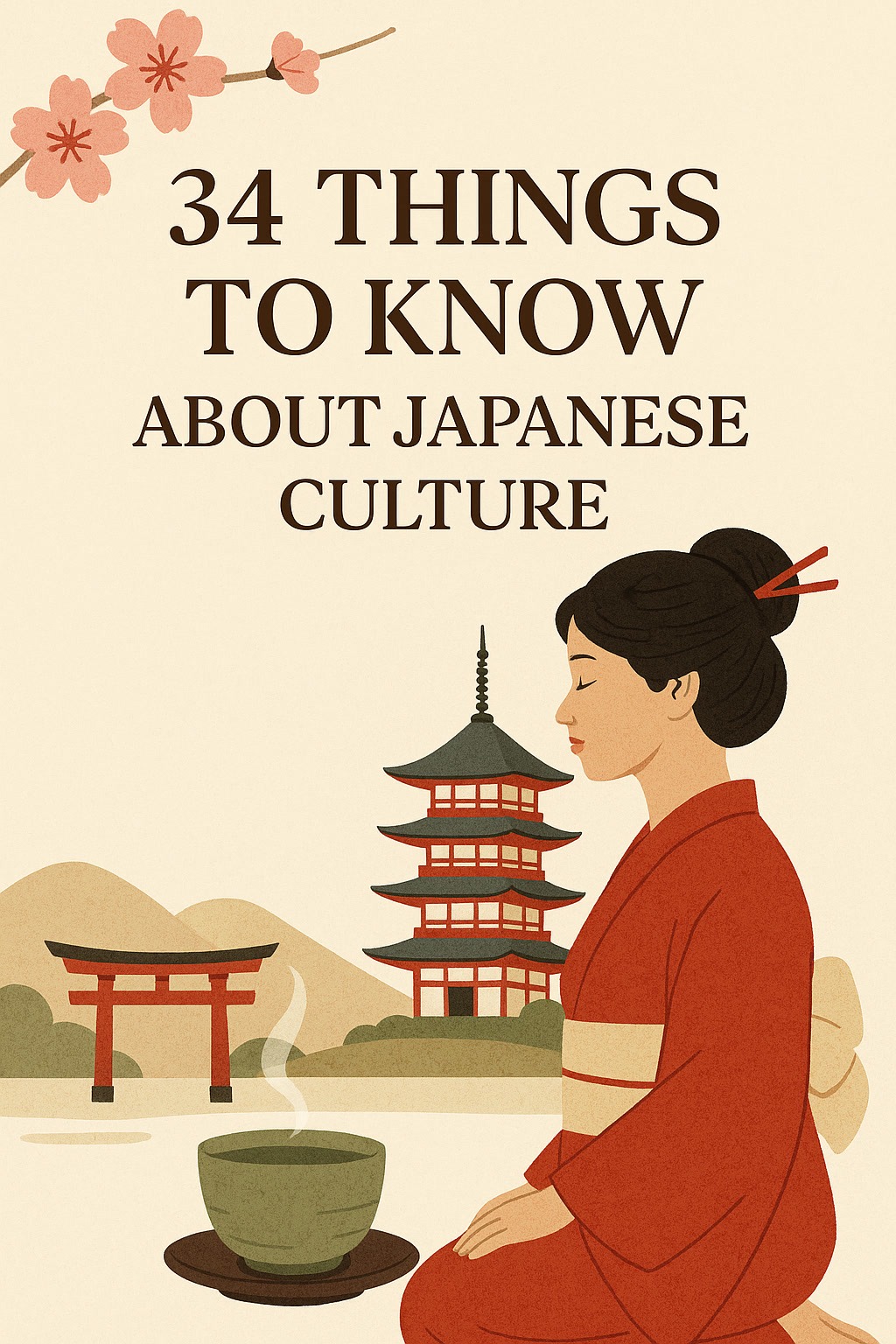 Illustration of a woman in a kimono sitting by a tea bowl, with a pagoda, torii gate, and cherry blossoms in the background, and text reading "34 Things to Know About Japanese Culture.