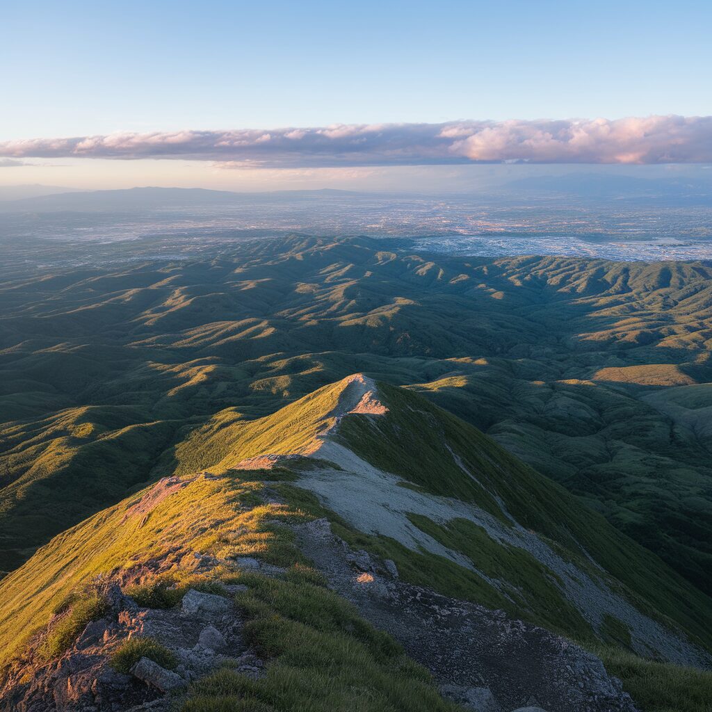 Create a photograph of Nara : Hike Through Mount Wakakusa — depict the summit view as the hero, with rolling hills and cityscape in the distance. Soft sunlight bathes the landscape, highlighting the vibrant greens and blues. Capture the scene in a panoramic iPhone 15 Pro shot, emphasizing the wide-open spaces and the exhilarating sense of freedom at the mountain's peak.