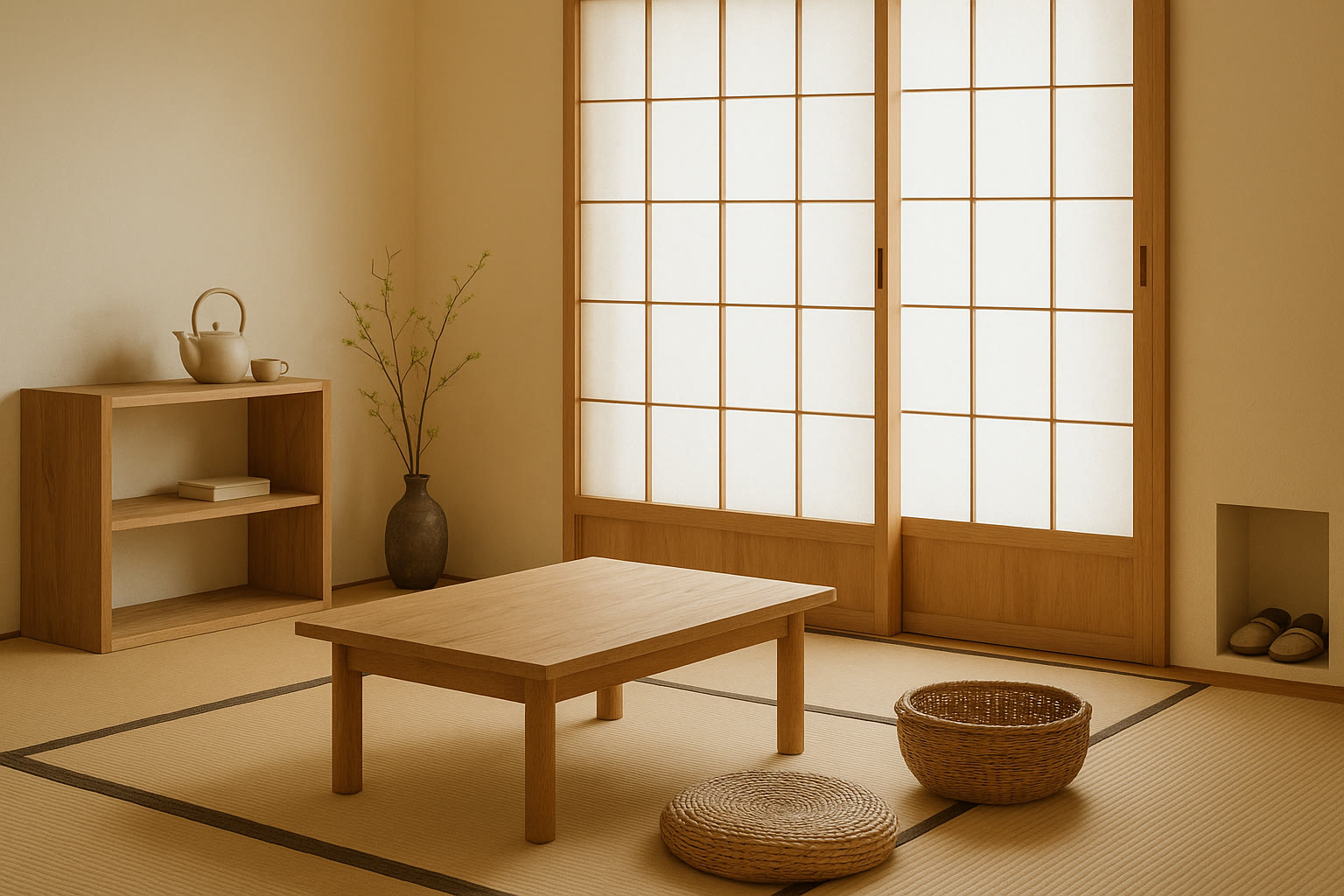 A minimalist Japanese-style room with tatami mats, a low wooden table, woven floor cushions, a shoji screen, a small shelf with a teapot set, and a vase with branches.