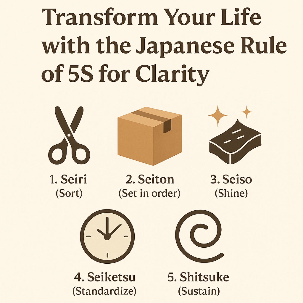 Infographic illustrating the Japanese 5S method: Sort (scissors), Set in order (box), Shine (sponge), Standardize (clock), Sustain (check mark swirl).