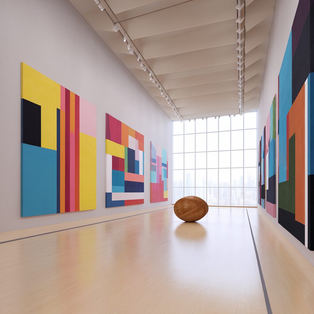 An interior shot of the Ohara Museum of Art, showcasing vibrant paintings under soft, natural lighting, from an iPhone 15 Pro perspective.