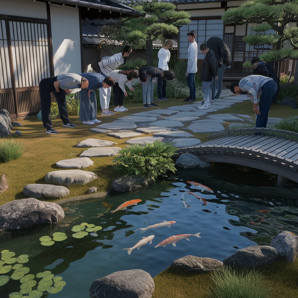 A group of people bow near a koi pond in a Japanese garden, with stone paths, a wooden bridge, and traditional buildings in the background.