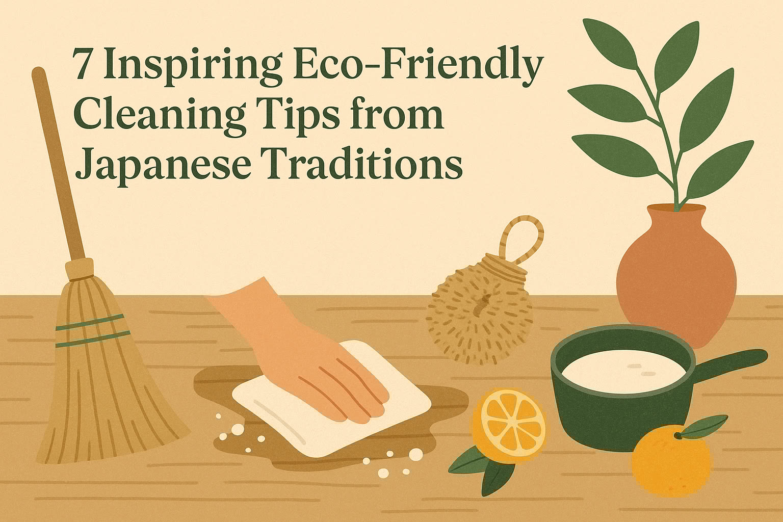 Illustration of eco-friendly cleaning items, including a broom, scrubbing brush, bowl, lemon, orange, and a person cleaning a surface, with the text: 7 Inspiring Eco-Friendly Cleaning Tips from Japanese Traditions.