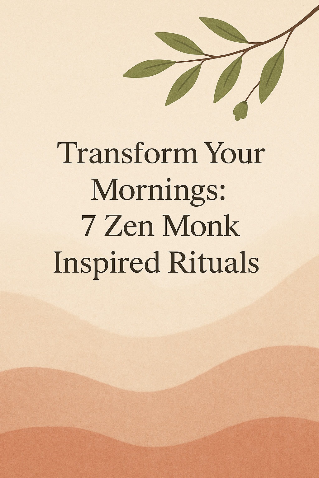 Text on a minimalist background with a branch illustration reads: "Transform Your Mornings: 7 Zen Monk Inspired Rituals.