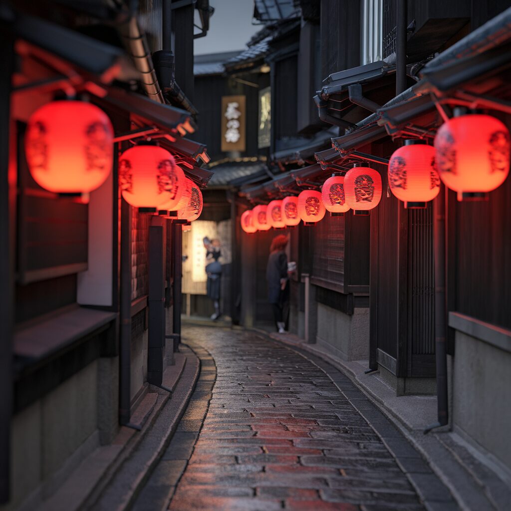 A narrow stone alleyway lined with traditional Japanese buildings, illuminated by rows of red paper lanterns in the evening.