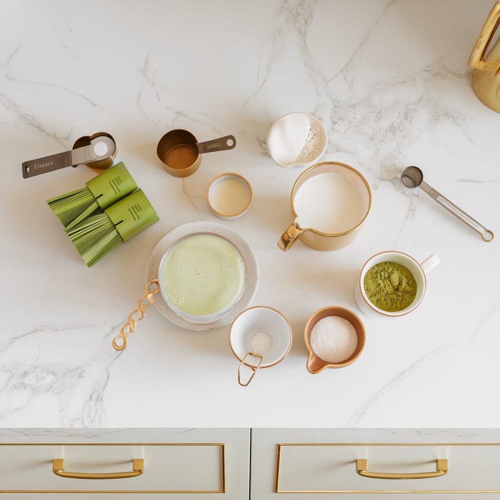All ingredients for the matcha latte, including matcha powder, hot water, milk, and sweeteners, along with measuring cups and bowls, beautifully arranged on a white marble countertop with hints of gold, shot top-down on an iPhone 15 Pro.