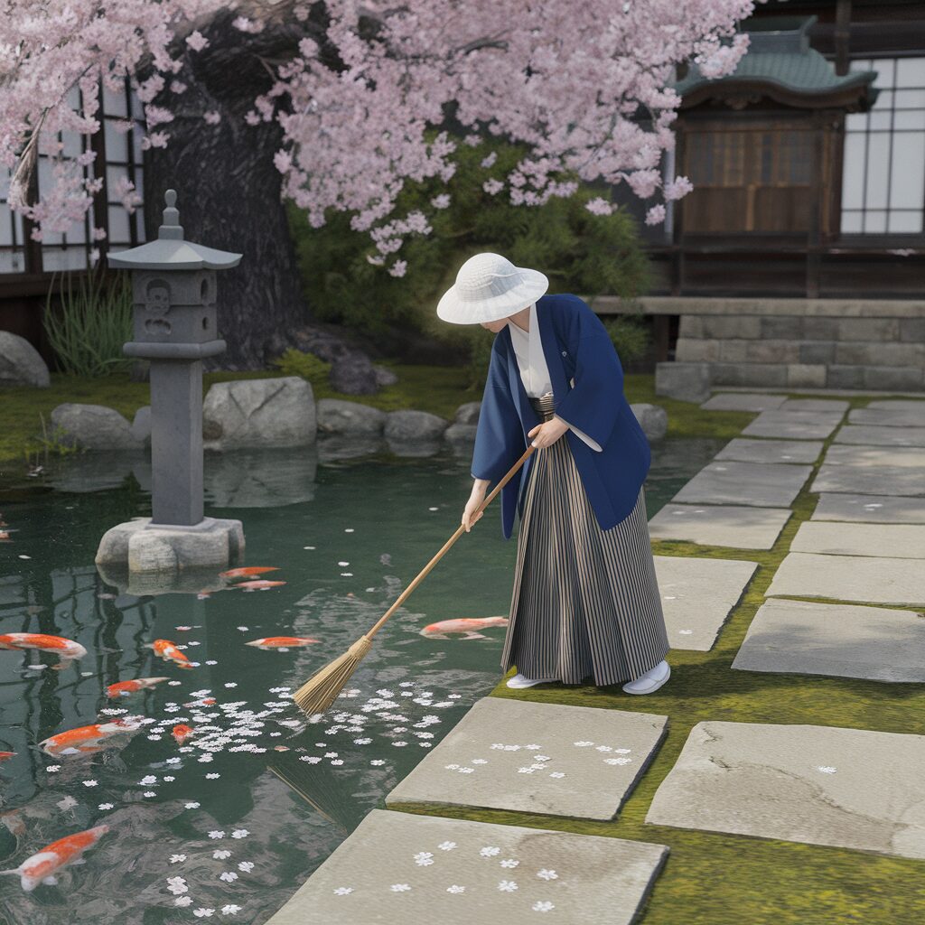 A person in traditional Japanese clothing sweeps fallen cherry blossoms beside a koi pond in a serene garden setting.