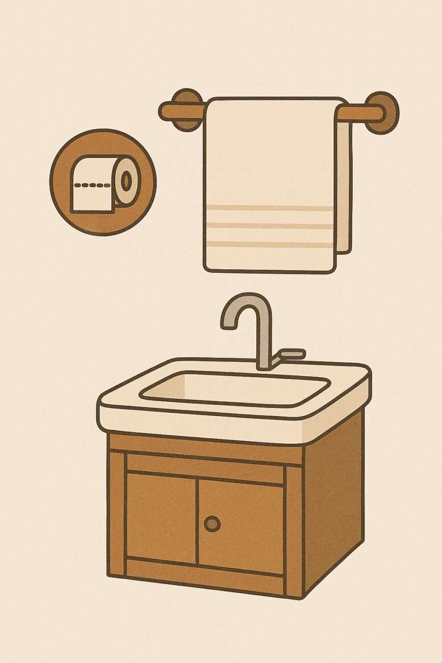 Illustration of a bathroom sink with a cabinet, a faucet, a towel hanging on a rack, and a roll of toilet paper on the wall.